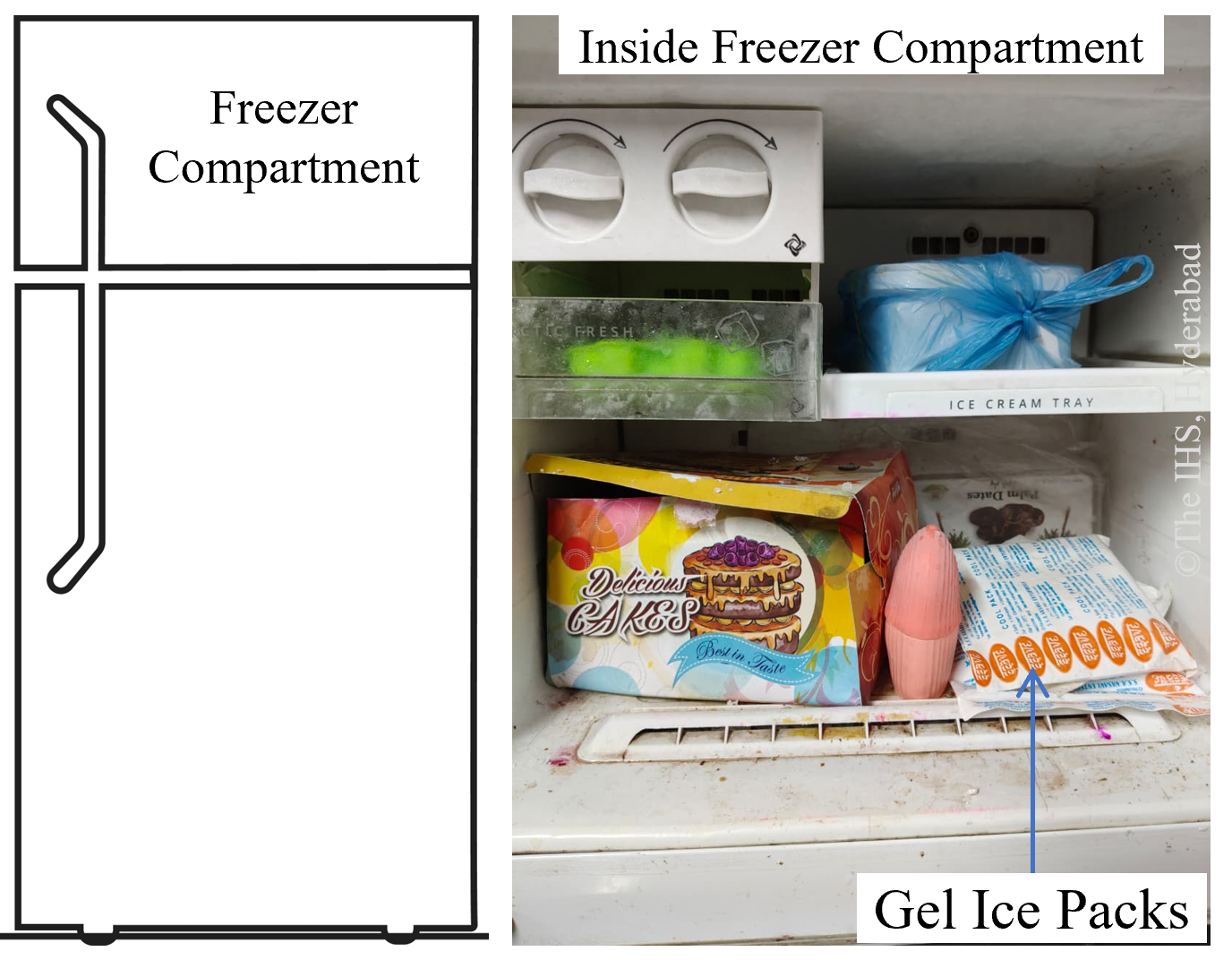 Image to illustrate gel ice packs inside freezer compartment of a domestic refrigerator.