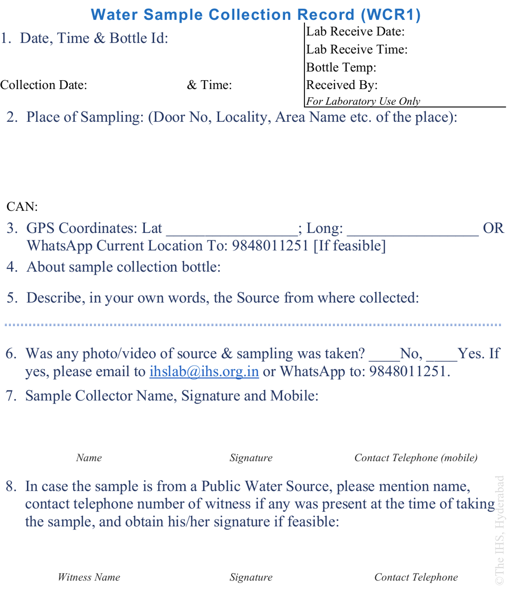 Image showing a Snippet of Water Sample Collection Record (WCR1)