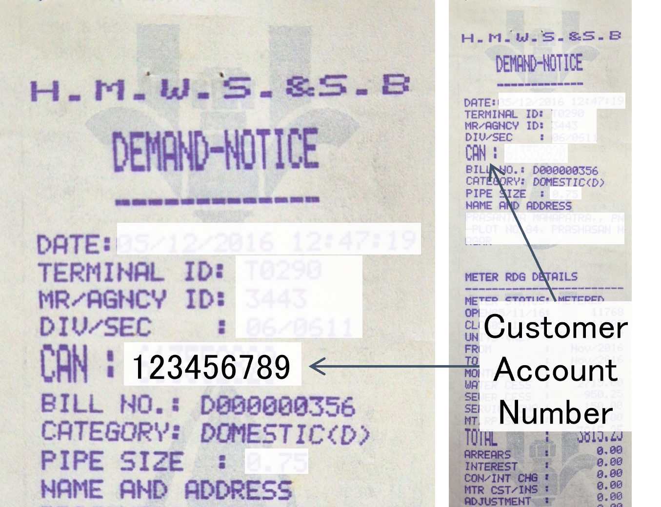 Image of Water bill snippet showing CAN number.