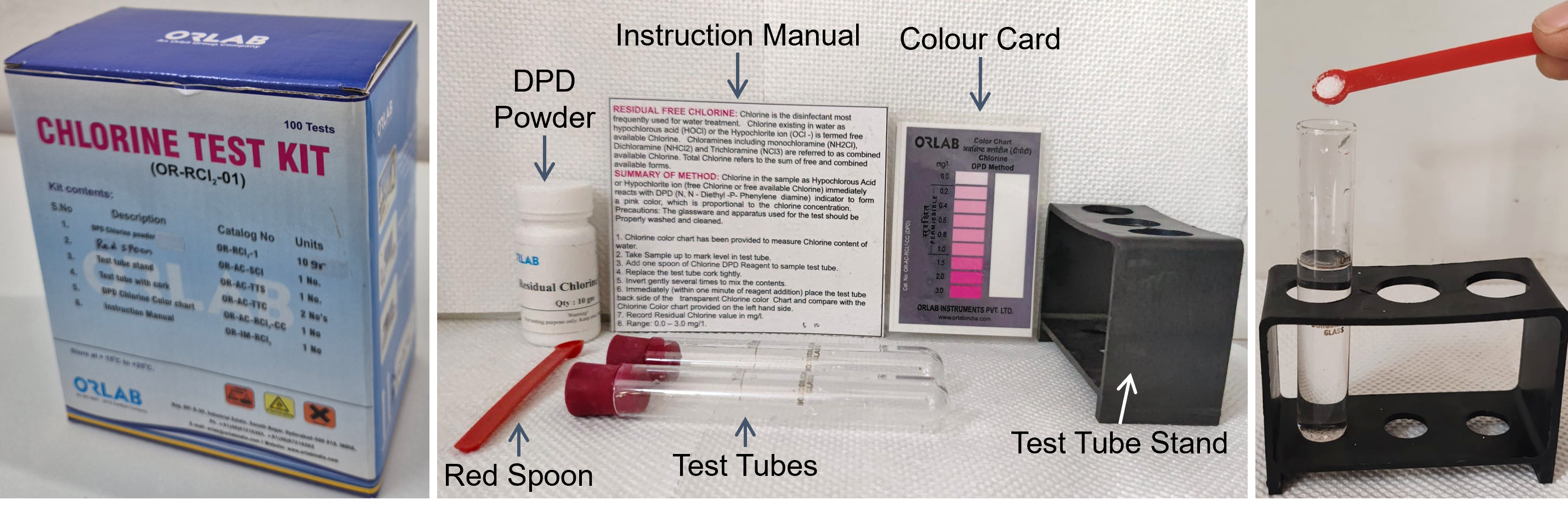 Figure to illustrate contents of ORLAB's DPD powder chlorine test kit