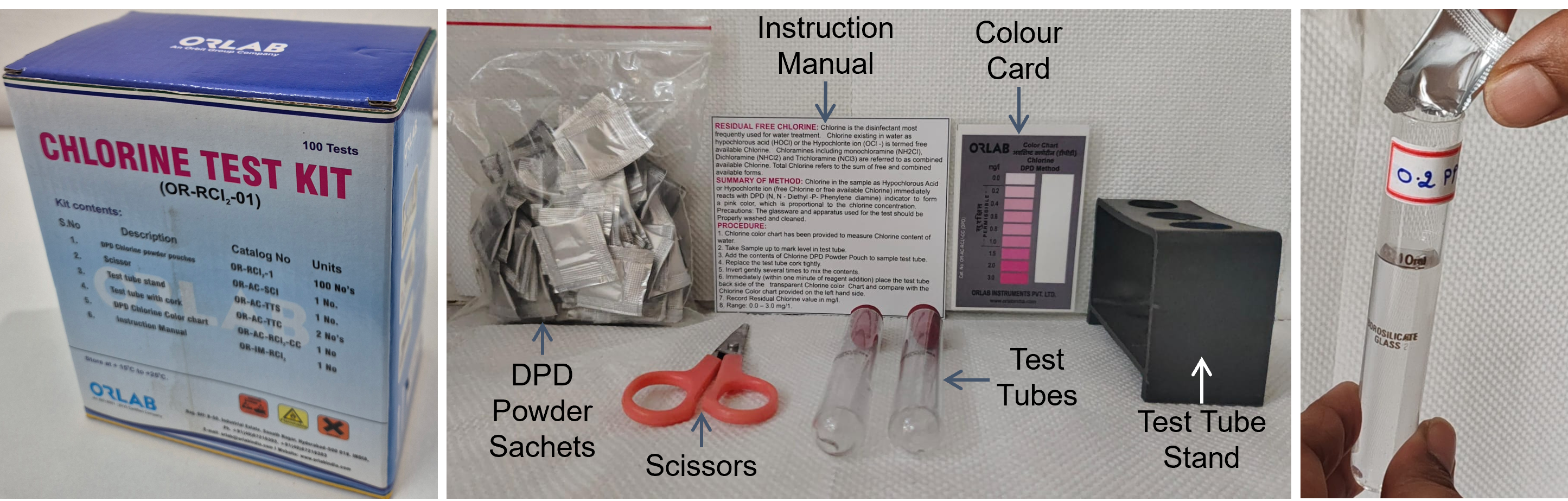 Figure to illustrate contents of ORLAB's DPD sachets chlorine test kit