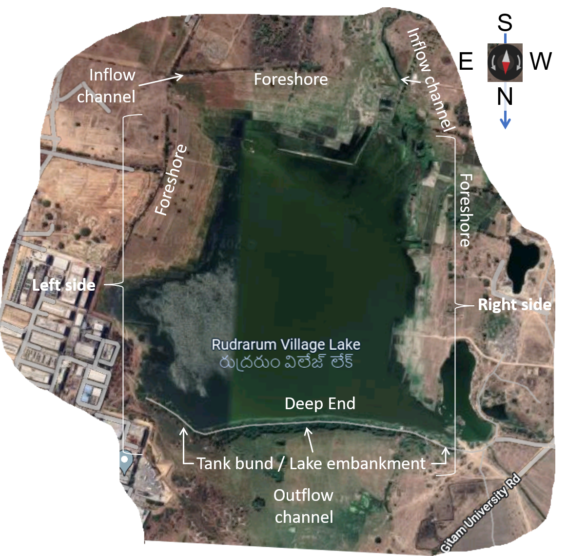 Identification of Lake Parts. Illustration using a snip of Rudraram village lake from Google earth map.