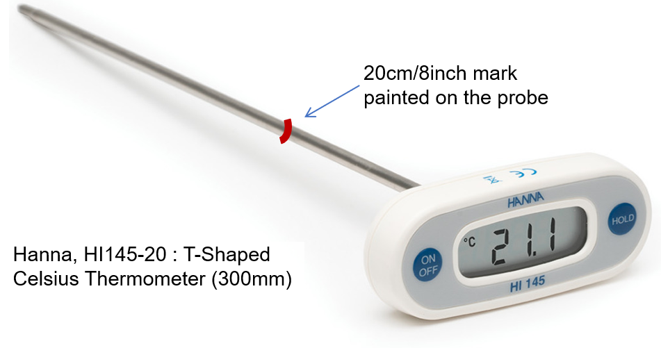 T shaped 30cm-long probe thermometer with paint mark at 20cm.